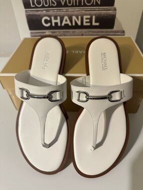 adidas White Leather Thong Sandals with Silver Hardware